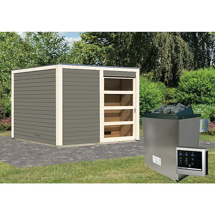 Karibu Saunahaus Cuben - 9 kW Saunaofen mit externer Steuerung, Terragrau, L x B x H: 276 x 276 x 210 cm - Eine stilvolle Gartensauna mit Holzverkleidung und einem modernen Saunaofen im Außenbereich, ideal für Entspannung im eigenen Garten.