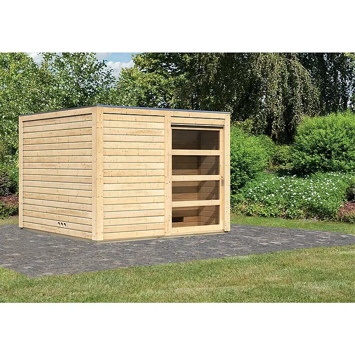 Karibu Saunahaus Cuben - Ohne Ofen, Naturbelassen, L x B x H: 276 x 276 x 210 cm - Ein modernes Gartenhaus aus Holz mit Schiebetür und natürlicher Optik. Ideal für Gartenutensilien oder als Rückzugsort.