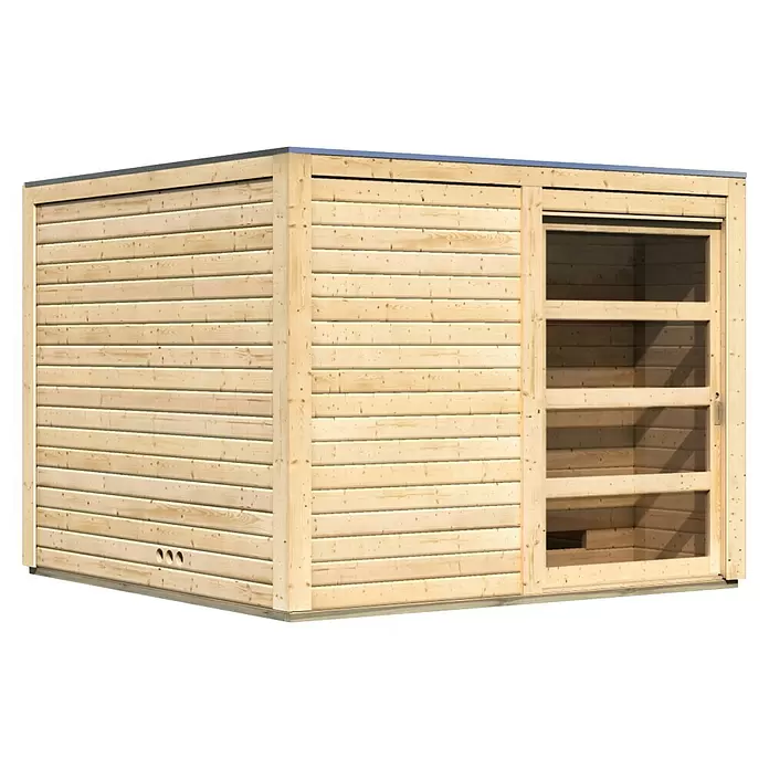 Karibu Saunahaus Cuben - Ohne Ofen, Naturbelassen, L x B x H: 276 x 276 x 210 cm - Gartenhaus aus hellem Holz mit horizontalen Brettern, Flachdach und Schiebetür mit Glasfeldern.