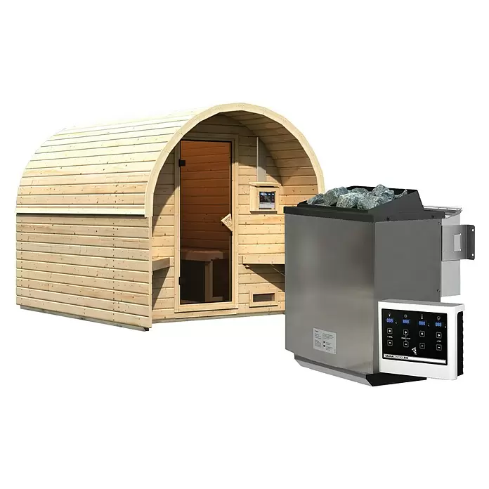 Karibu Fasssauna - L x B x H: 295 x 219 x 229 cm, 9 kW Bio-Saunaofen mit externer Steuerung - Helle Holz-Fasssauna mit Tür, daneben ein Edelstahl-Saunaofen mit digitalem Bedienfeld und Steinen.