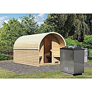 Karibu Fasssauna (L x B x H: 385 x 219 x 229 cm, 9 kW Bio-Saunaofen mit externer Steuerung)