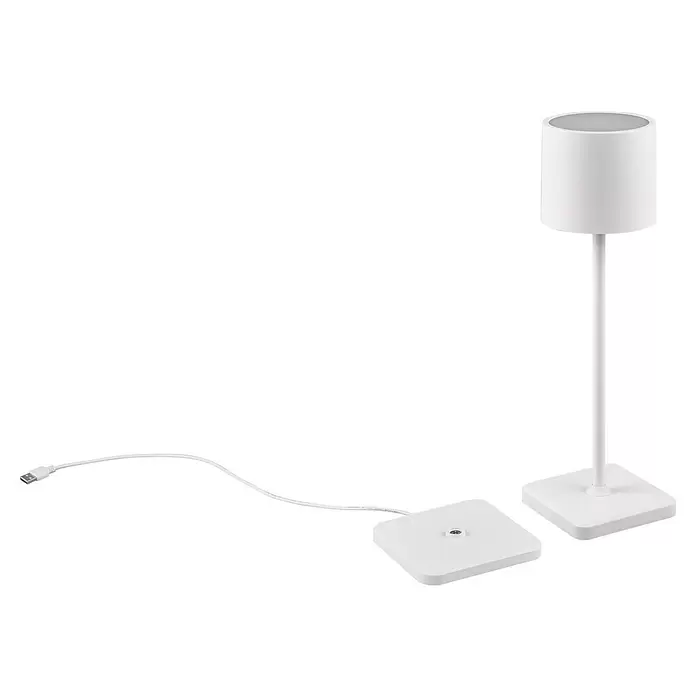 Reality Leuchten Akku-Tischleuchte FERNANDEZ - 1 W, L x B x H: 12,5 x 12,5 x 38 cm, Weiß, Mehrfarbig - Weiße Stehlampe mit zylindrischem Kopf und quadratischem Fuß, dazu ein weißes Ladepad mit Kabel.