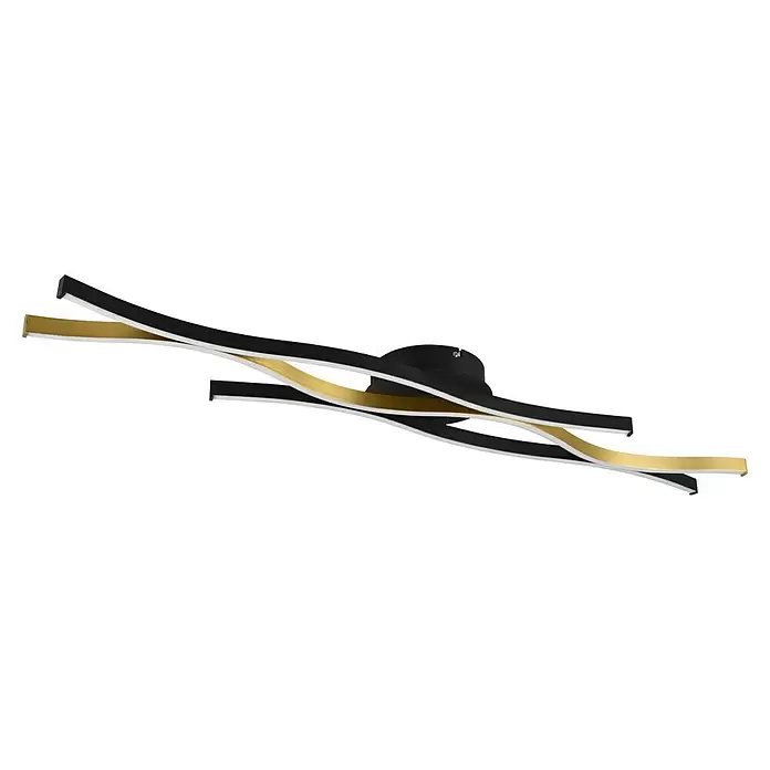 Trio Leuchten Blaze LED-Deckenleuchte - 35 W, L x B x H: 18 x 107,5 x 7 cm, Messing matt/Schwarz, Mehrfarbig - Moderne Deckenleuchte mit ineinander verschlungenen schwarzen und goldenen Kurvenelementen und weißen Diffusoren.
