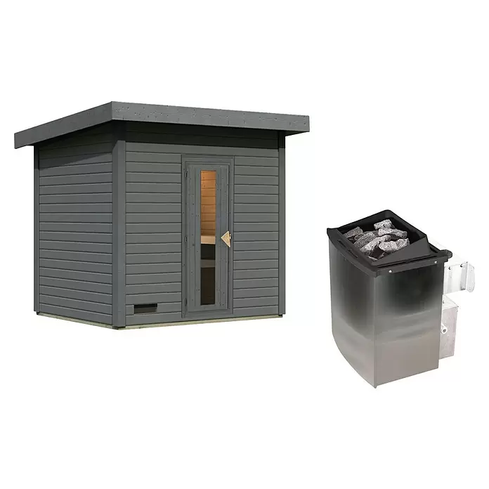 Karibu Saunahaus Hytti - 9 kW Saunaofen mit integrierter Steuerung, Terragrau, L x B x H: 196 x 231 x 228 cm - Graue Holzsaunakabine und metallischer Saunaofen mit Steinen.