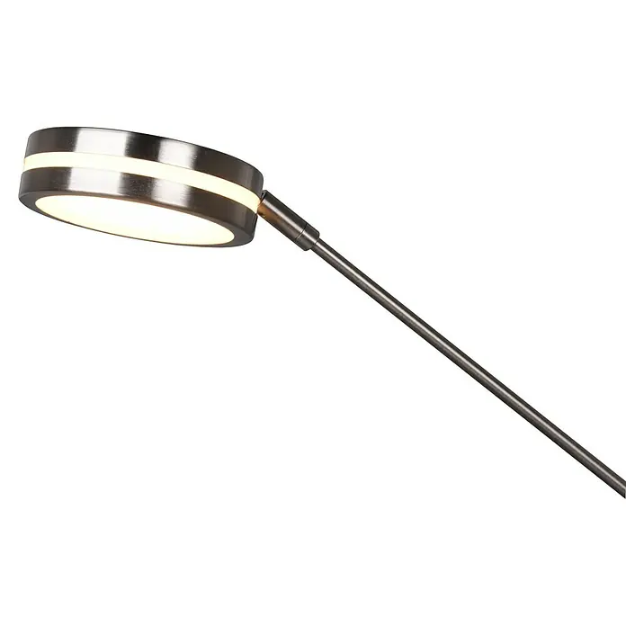 Trio Leuchten Franklin LED-Stehleuchte - 35 W, Höhe: 181 cm, Nickel, Mehrfarbig - Nahaufnahme einer modernen LED-Lampe mit silbernem Ringkopf und schlankem Design vor schwarzem Hintergrund.