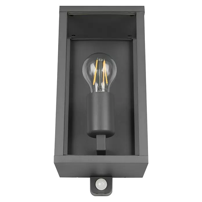 Trio Leuchten Garonne Außenwandleuchte - 60 W, L x B x H: 13,5 x 14 x 29 cm, Anthrazit, IP44, Mit Bewegungsmelder - Dunkelgraue rechteckige Außenwandleuchte mit integriertem Bewegungsmelder und sichtbarer LED-Glühlampe.