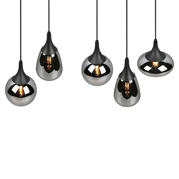 Trio Leuchten Lumina Pendelleuchte - 6 Stk., 240 W, L x B x H: 34,5 x 93,8 x 150 cm, Chrom, Schwarz, E14 - Fünf Hängelampen mit tropfenförmigen, verspiegelten Glasschirmen und schwarzen Aufhängungen erzeugen eine elegante Atmosphäre.