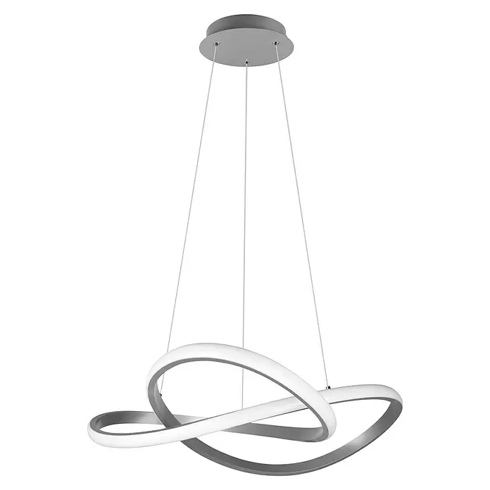 Reality Leuchten Course LED-Pendelleuchte - 27 W, Nickel, Neutralweiß - Moderne LED-Pendelleuchte mit ineinander verschlungenen weißen Lichtschlaufen und grauem Rahmen, von der Decke abgehängt.