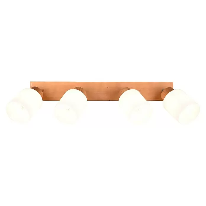 Reality Leuchten Assam Deckenstrahler - 100 W, L x B x H: 10 x 60 x 21 cm, Natur, E14, 4 Stk. - Vier weiße zylindrische Strahler an einer Holzleiste.