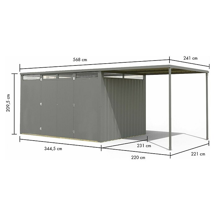 Karibu Gerätehaus Callisto 3 (Außenmaß inkl. Dachüberstand (B x T): 344,5 x 568 cm, Metall, Staubgrau) | BAUHAUS