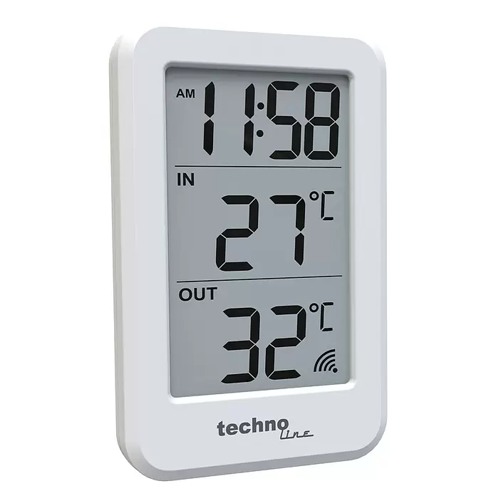 Technoline Thermometer mit Uhrzeit WS 9172 - Digitales Display, Maße Inneneinheit: 70 x 11 x 22 mm, Maße Außeneinheit: 39 x 97 x 25 mm - Weißes digitales Thermometer und Uhr mit grauem LCD-Display, das 11:58 AM, innen 27°C und außen 32°C anzeigt, mit WLAN-Symbol.