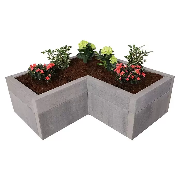 EHL Creaform Pflanzkübel - 127 x 127 x 45 cm, Steingrau, L-Form, Beton - L-förmiger Betonpflanzkübel, gefüllt mit Erde und blühenden Azaleen und grünen Hortensien.