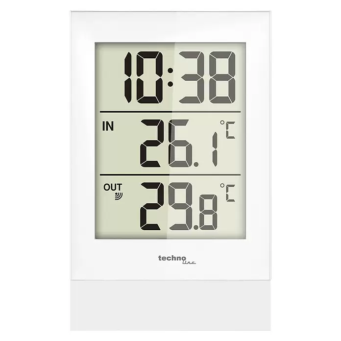 Technoline Thermometer mit Uhrzeit WS9178 - Digitales Display, Maße Inneneinheit: 85 x 134 x 17mm, Maße Außeneinheit: 40 x 104 x 27mm - Weißes Digitalthermometer mit LCD-Anzeige für Uhrzeit (10:38), Innen- (26.1°C) und Außentemperatur (29.8°C). Marke: techno line.