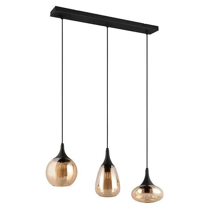 Trio Leuchten Lumina Pendelleuchte - 3 Stk., 120 W, L x B x H: 19,5 x 68,8 x 150 cm, Amber, Schwarz, E14 - Schwarze lineare Pendelleuchte mit drei bernsteinfarbenen Glasschirmen in verschiedenen Formen.