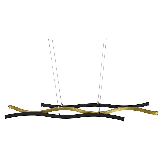 Trio Leuchten Blaze LED-Pendelleuchte - 35 W, L x B x H: 15,5 x 107,5 x 150 cm, Messing matt/Schwarz, Mehrfarbig - Moderne schwarz-goldene wellenförmige LED-Hängeleuchte, an dünnen Drähten aufgehängt.