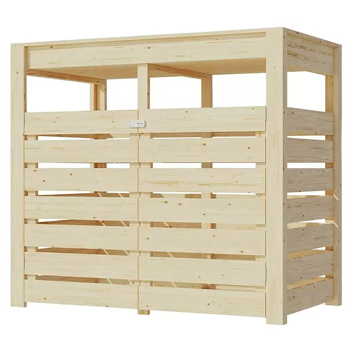 Karibu Mülltonnenverkleidung mit integriertem Hochbeet - 158,2 x 87,6 cm, Holz, Naturbelassen, Geeignet für Anzahl Mülltonnen: 2 Stk. - Lamellen-Gartenschrank aus Kiefernholz mit oberer Ablage und weißem Verschluss.
