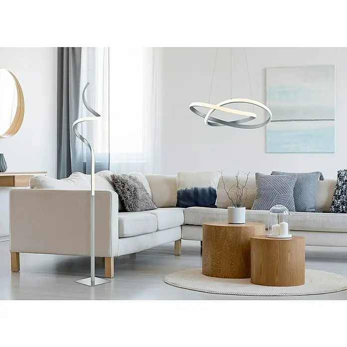 Reality Leuchten Course LED-Stehleuchte - 11 W, Höhe: 145 cm, Nickel, Warmweiß - Elegante LED-Stehlampe im Wohnzimmer mit moderner Pendelleuchte. Die Lampe sorgt für eine angenehme Atmosphäre.