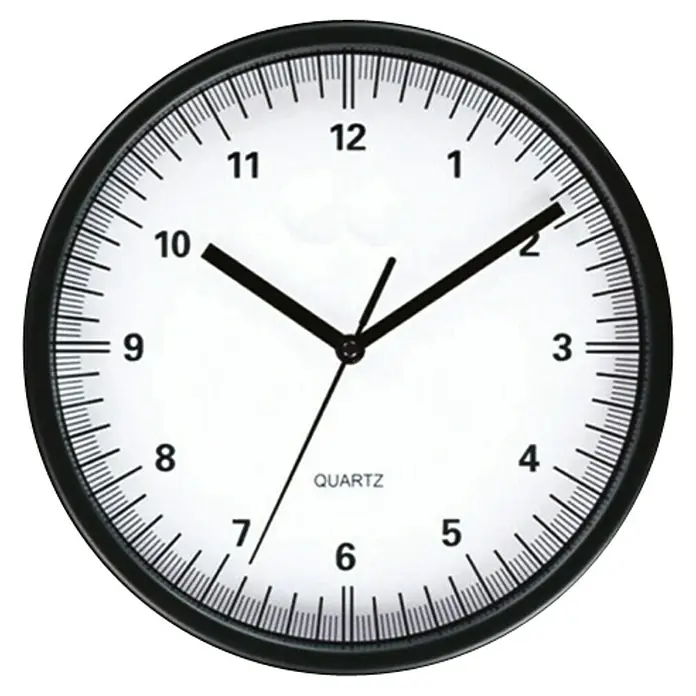 Wanduhr - Durchmesser: 25 cm, Schwarz - Ein Nahaufnahme einer runden Quarzwanduhr mit schwarzem Rahmen, weißem Zifferblatt und klaren Ziffern, die die Zeit 10:11:35 anzeigt.