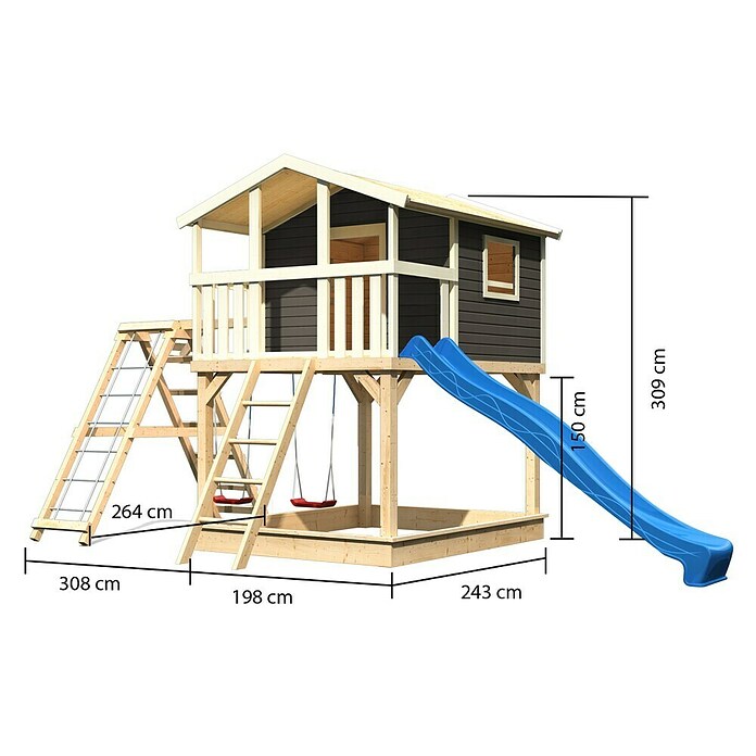 Karibu Kinderspielturm Benjamin (L x B x H: 244 x 198 x 309 cm, Terragrau, Mit blauer Rutsche & Klettergerüst) | BAUHAUS