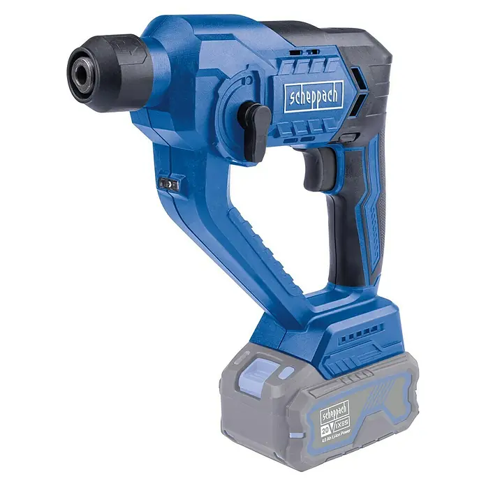 Scheppach IXES 20V Akku-Bohrhammer C-RHD130-X - 20 V, Ohne Akku, 1,3 J - Akkubohrhammer von Scheppach, blau mit schwarzem Griff und grauem Akku. Ideal für Bau- und Renovierungsarbeiten im Haus und Garten.