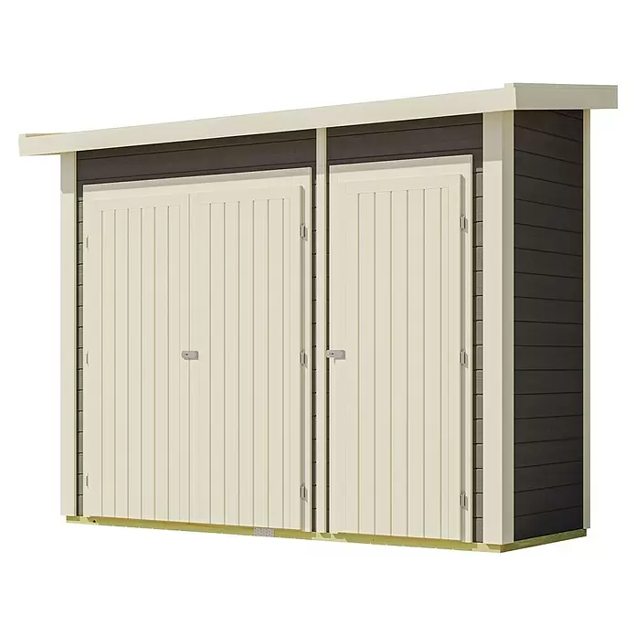 Karibu Geräteschrank - Außenbreite inkl. Dachüberstand: 291 cm, Außentiefe inkl. Dachüberstand: 110 cm, Holz, Terragrau - Modernes Gartenhaus mit dunkelgrauer horizontaler Verkleidung, zwei hellcremefarbenen Doppeltüren, cremefarbenen Zierleisten und Schrägdach.