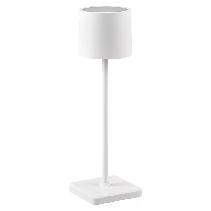 Reality Leuchten Akku-Tischleuchte FERNANDEZ - 1 W, L x B x H: 12,5 x 12,5 x 38 cm, Weiß, Mehrfarbig - Weiße Stehleuchte mit zylindrischem Schirm, geradem Stab und quadratischem Sockel.