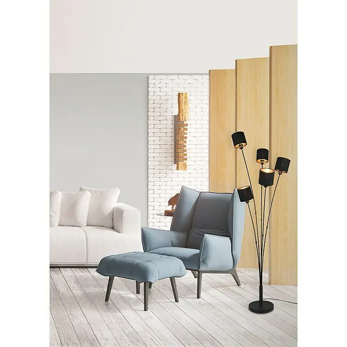 Reality Leuchten Tommy Stehleuchte - 200 W, Höhe: 163 cm, Schwarz/Gold, E14, 5 Stk. - Elegante Stehlampe mit fünf schwarzen Lampenschirmen, die ein warmes Licht in einem modern eingerichteten Wohnzimmer verbreitet.