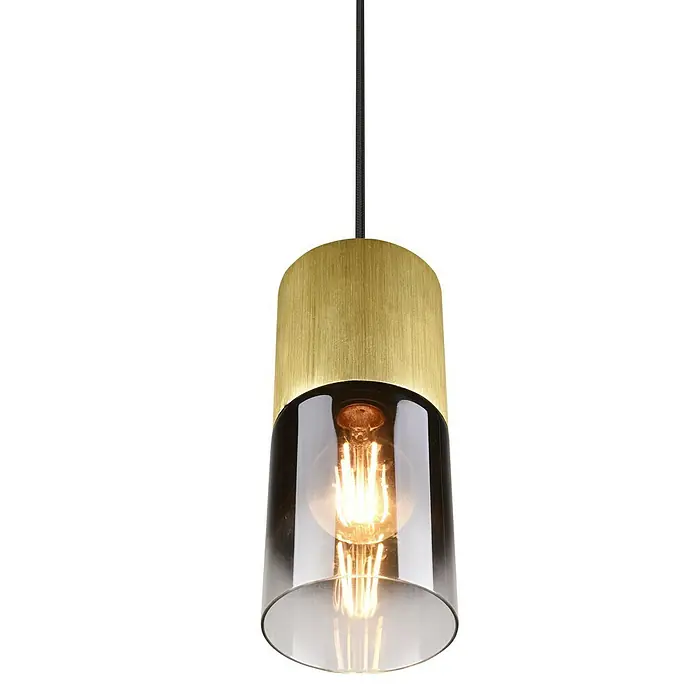 Trio Leuchten Robin Pendelleuchte - 28 W, Messing, E27, Anzahl Leuchtmittel: 1 Stk. - Nahaufnahme einer stilvollen Pendelleuchte mit einem goldenen Lampenschirm und einem transparenten Glaskörper, die ein warmes Licht ausstrahlt.