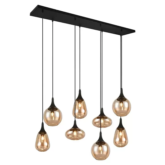 Trio Leuchten Lumina Pendelleuchte - 8 Stk., 320 W, L x B x H: 34,5 x 121 x 150 cm, Amber, Schwarz, E14 - Schwarze Mehrfach-Pendelleuchte mit acht bernsteinfarbenen Glasschirmen in verschiedenen modernen Formen und rechteckiger Deckenplatte.