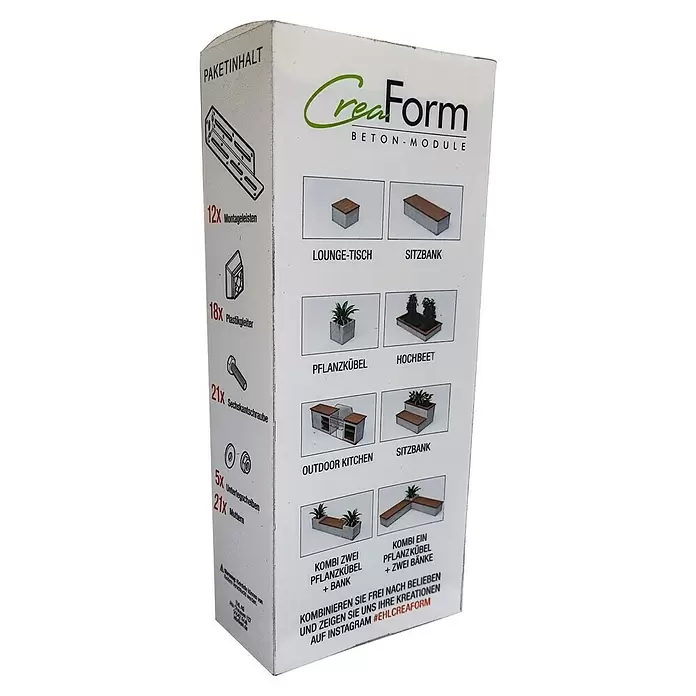 EHL Creaform Beschläge-Set - Passend für: EHL Creaform Verblendsteine - CreaForm BETON-MODULE Produktbox mit Bauteilen und Beispielen für modulare Beton-Gartenmöbel: Tische, Bänke, Pflanzkübel.