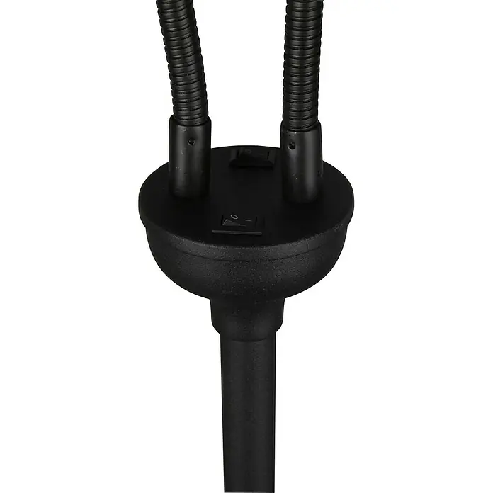 Reality Leuchten Tommy Stehleuchte - 80 W, Höhe: 130 cm, Schwarz/Gold, E14, 2 Stk. - Nahaufnahme einer schwarzen Leselampe mit zwei flexiblen Armen und Schaltern am Sockel.