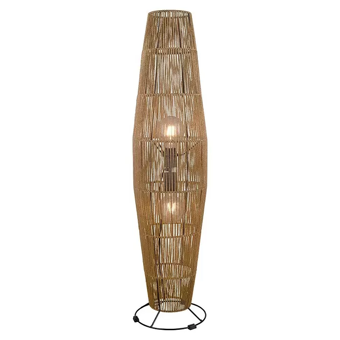 Reality Leuchten Miki Stehleuchte - 80 W, Höhe: 103 cm, Braun, E27 - Stehleuchte mit naturfarbenem geflochtenem Seilschirm, sichtbaren Glühbirnen und schwarzem Metallsockel.