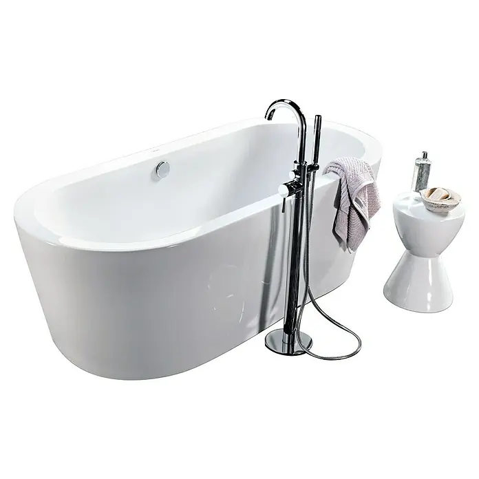 Camargue Freistehende Badewanne Style - L x B: 180 x 80 cm, Sanitäracryl, Weiß - Freistehende Badewanne mit Armatur und Hocker für Badezimmeraccessoires. Elegantes Design für entspannende Momente.