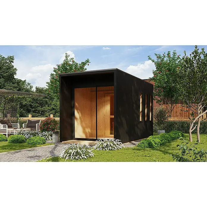Karibu Saunahaus Miramar - L x B x H: 429 x 219,5 x 244 cm, Schwarz, 9 kW Saunaofen mit externer Steuerung - Eine moderne, schwarze Gartensauna steht inmitten einer grünen Gartenlandschaft, die zum Entspannen einlädt. Klare Linien und natürliche Materialien.