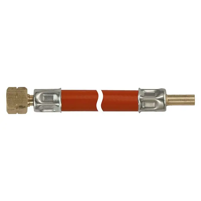 Talamex Gasschlauch - G ¼″ Linksgewinde/8 mm Rohrstutzen, Länge: 40 cm - Produktansicht eines Adapters mit rotem Schlauch und goldfarbenen Anschlüssen für diverse Anwendungen.