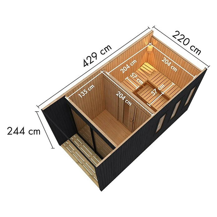 Karibu Saunahaus Miramar (9 kW Bio-Saunaofen mit externer Steuerung, L x B x H: 429 x 219,5 x 244 cm) | BAUHAUS