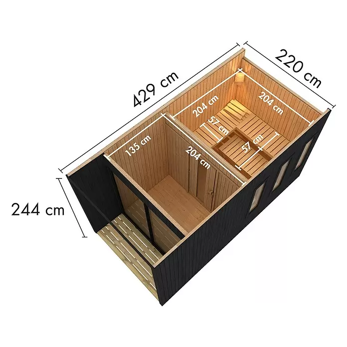 Karibu Saunahaus Miramar - L x B x H: 429 x 219,5 x 244 cm, Schwarz, 9 kW Saunaofen mit externer Steuerung - Maßzeichnung einer schwarz-holzfarbenen Außensauna mit Umkleideraum und kleiner Terrasse, die Gesamt- und Innenmaße zeigt.