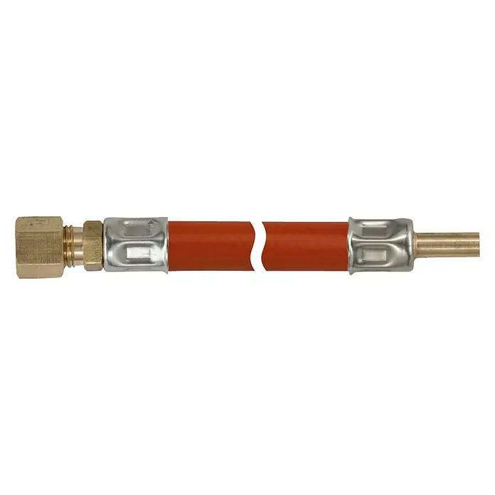 Talamex Gasschlauch - 8 mm Schneidringverschraubung/8 mm Rohrstutzen, Länge: 40 cm - Produktabbildung einer flexiblen Gasleitung mit roter Ummantelung und Messinganschlüssen zur sicheren Gaszufuhr.