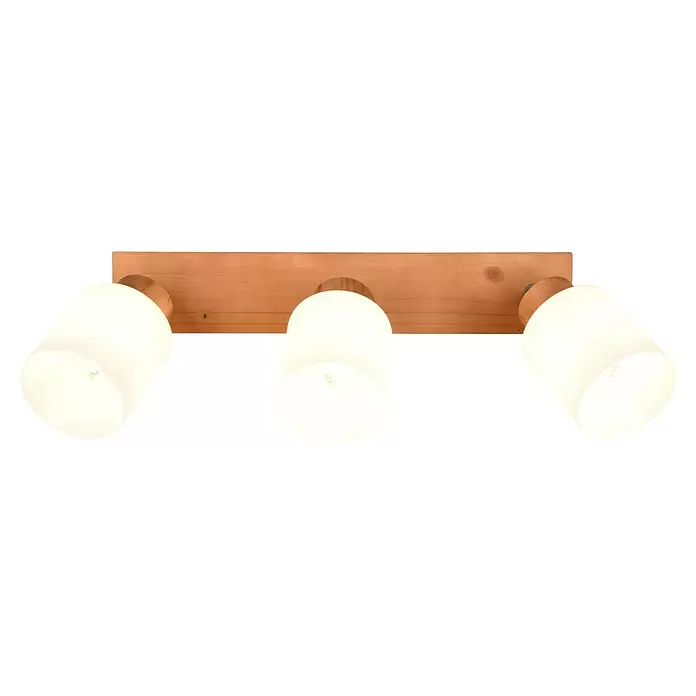 Reality Leuchten Assam Deckenstrahler - 75 W, L x B x H: 10 x 45 x 21 cm, Natur, E14, 3 Stk. - Holzlampe mit drei mattweißen Glasschirmen.