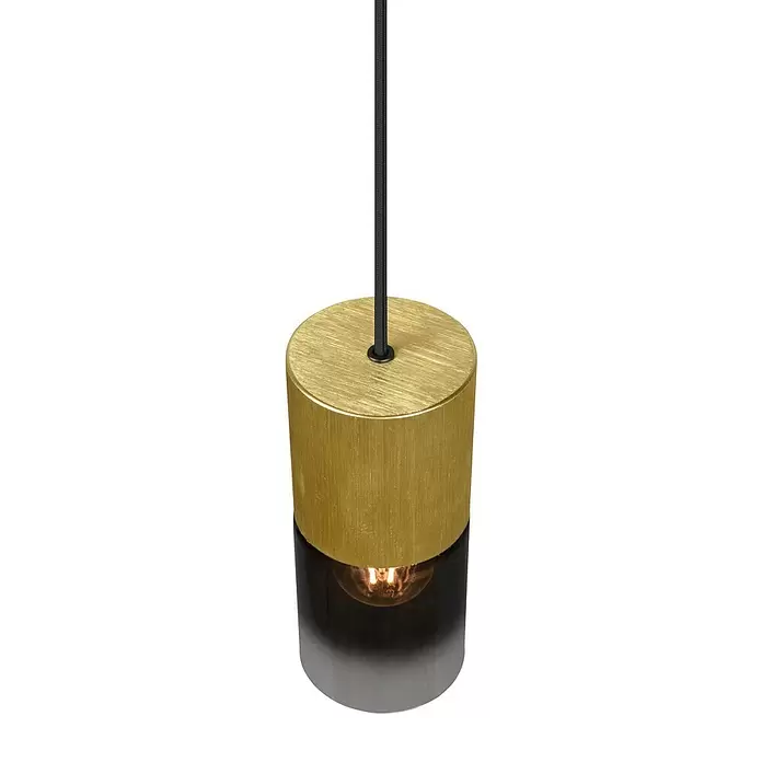 Trio Leuchten Robin Pendelleuchte - 28 W, Messing, E27, Anzahl Leuchtmittel: 1 Stk. - Pendelleuchte mit zylindrischem Oberteil aus gebürstetem Messing und rauchgrauem Glassockel mit sichtbarer Glühbirne, an schwarzem Textilkabel.
