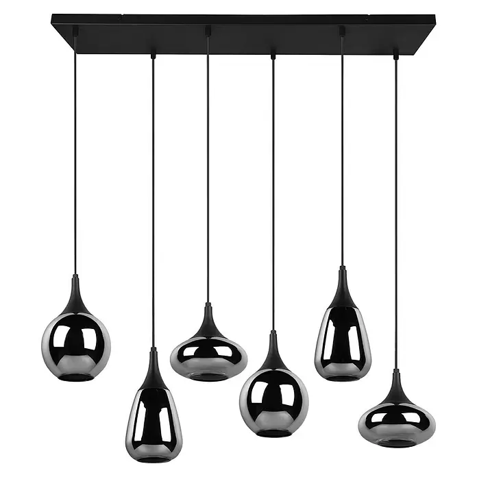 Trio Leuchten Lumina Pendelleuchte - 6 Stk., 240 W, L x B x H: 34,5 x 93,8 x 150 cm, Chrom, Schwarz, E14 - Schwarze Deckenleuchte mit sechs Pendelleuchten und reflektierenden, chromähnlichen Schirmen.