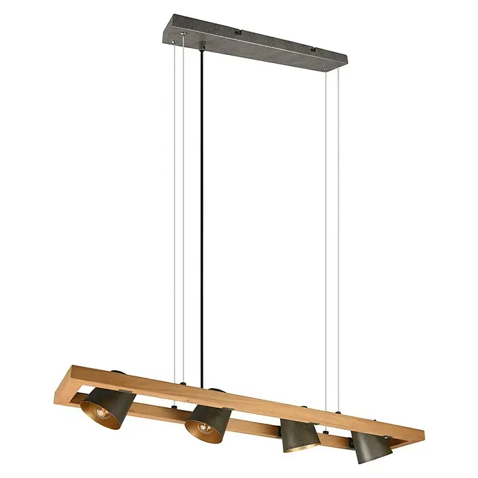 Trio Leuchten Bell Pendelleuchte - 100 W, L x B x H: 21 x 100 x 150 cm, Nickel-antik/Holz, E14 - Eine moderne Hängelampe mit vier Strahlern an einem Holzbalken, ideal für stilvolle Beleuchtung.
