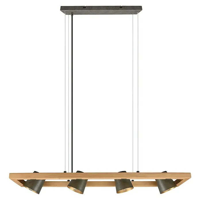Trio Leuchten Bell Pendelleuchte - 100 W, L x B x H: 21 x 100 x 150 cm, Nickel-antik/Holz, E14 - Moderne Hängelampe mit Holzrahmen und vier Strahlern, die ein warmes Licht spenden. Ideal für Esszimmer oder Kücheninseln.