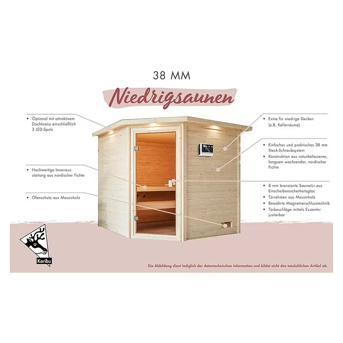 Karibu Massivholzsauna Kolmans - 9 kW Saunaofen mit integrierter Steuerung, L x B x H: 169 x 196 x 187 cm - Hölzerne Sauna-Kabine aus nordischer Fichte, 38 mm Wandstärke, Glastür, für niedrige Decken.