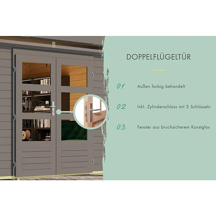 Karibu Gartenhaus Lahar 6 - Außenmaß inkl. Dachüberstand (B x T): 554 x 331 cm, Holz, Terragrau, Mit Seitendach - Doppelflügeltür mit farbiger Außenseite, Zylinderschloss mit 3 Schlüsseln und Fenster aus bruchsicherem Kunstglas für Gartenhäuser.