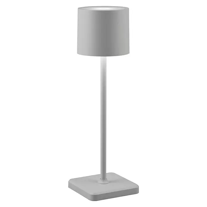Reality Leuchten Akku-Tischleuchte FERNANDEZ - 1 W, L x B x H: 12,5 x 12,5 x 38 cm, Grau, Mehrfarbig - Weiße Tischlampe mit zylindrischem Schirm und quadratischem Fuß.