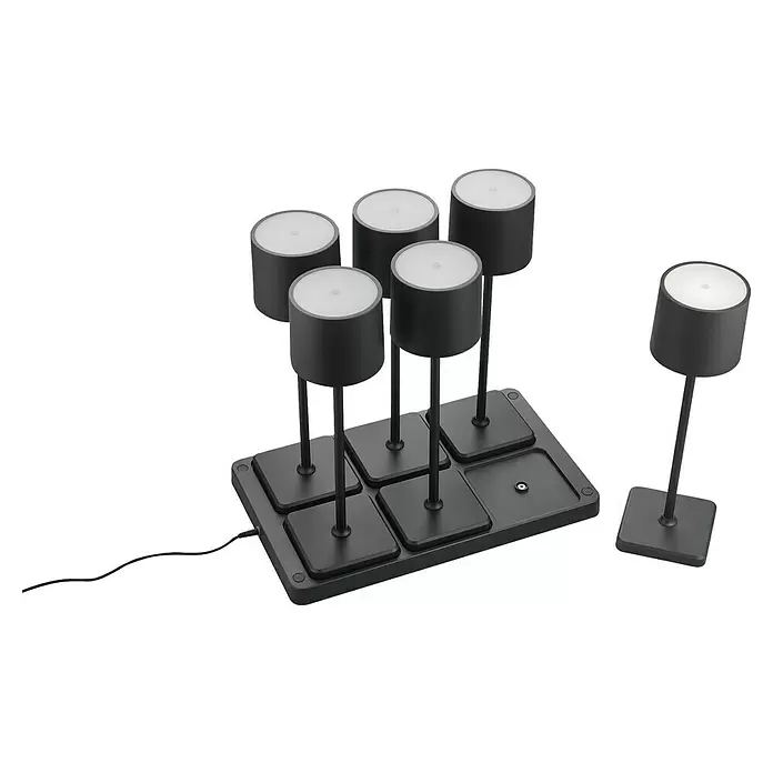 Reality Leuchten Akku-Tischleuchte FERNANDEZ + Ladestation - 6 W, L x B x H: 26 x 42,6 x 40 cm, Schwarz, Mehrfarbig - Modulares, dunkelgraues Schreibtischlampensystem mit fünf zylindrischen Leuchten auf rechteckiger Basis und einer separaten Leuchte, alle mit leuchtenden weißen Oberseiten.