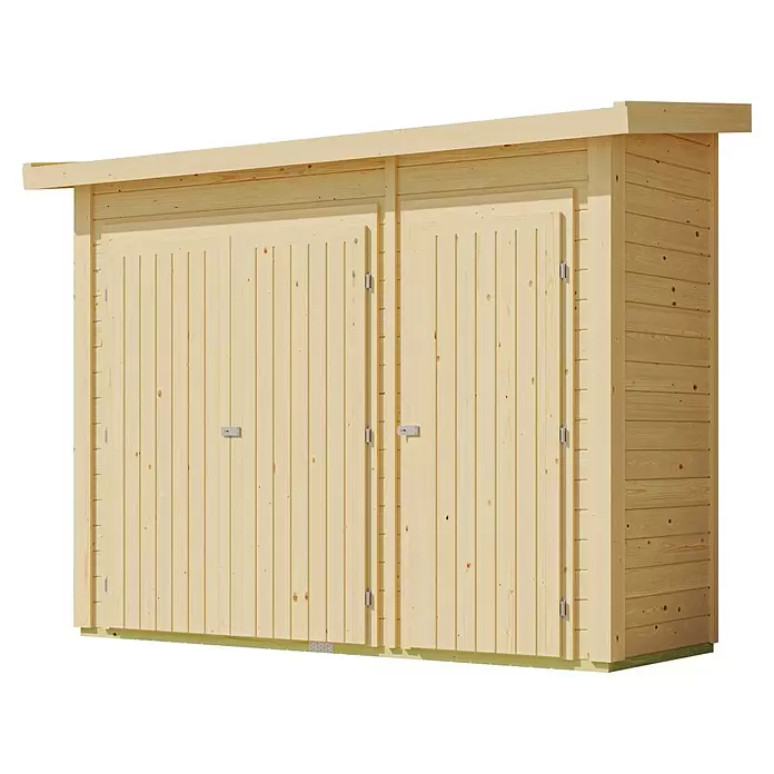 Karibu Geräteschrank - Außenbreite inkl. Dachüberstand: 291 cm, Außentiefe inkl. Dachüberstand: 110 cm, Holz, Natur - Helles Holz-Gerätehaus mit zwei Doppeltüren.