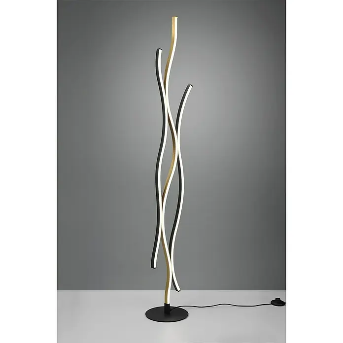 Trio Leuchten Blaze LED-Stehleuchte - 28 W, Höhe: 138 cm, Messing matt/Schwarz, Mehrfarbig - Elegante Stehlampe mit geschwungenen, schwarzen und goldenen Akzenten, die ein modernes Ambiente schafft. Harmonisches Design für stilvolle Beleuchtung.