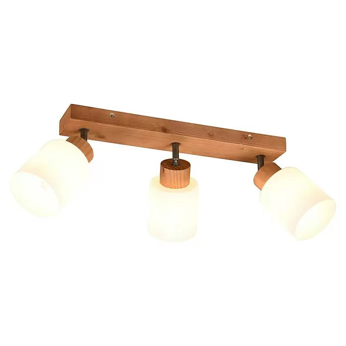 Reality Leuchten Assam Deckenstrahler - 75 W, L x B x H: 10 x 45 x 21 cm, Natur, E14, 3 Stk. - Deckenleuchte mit drei Spots, Holzleiste und weißen satinierten Glasschirmen.